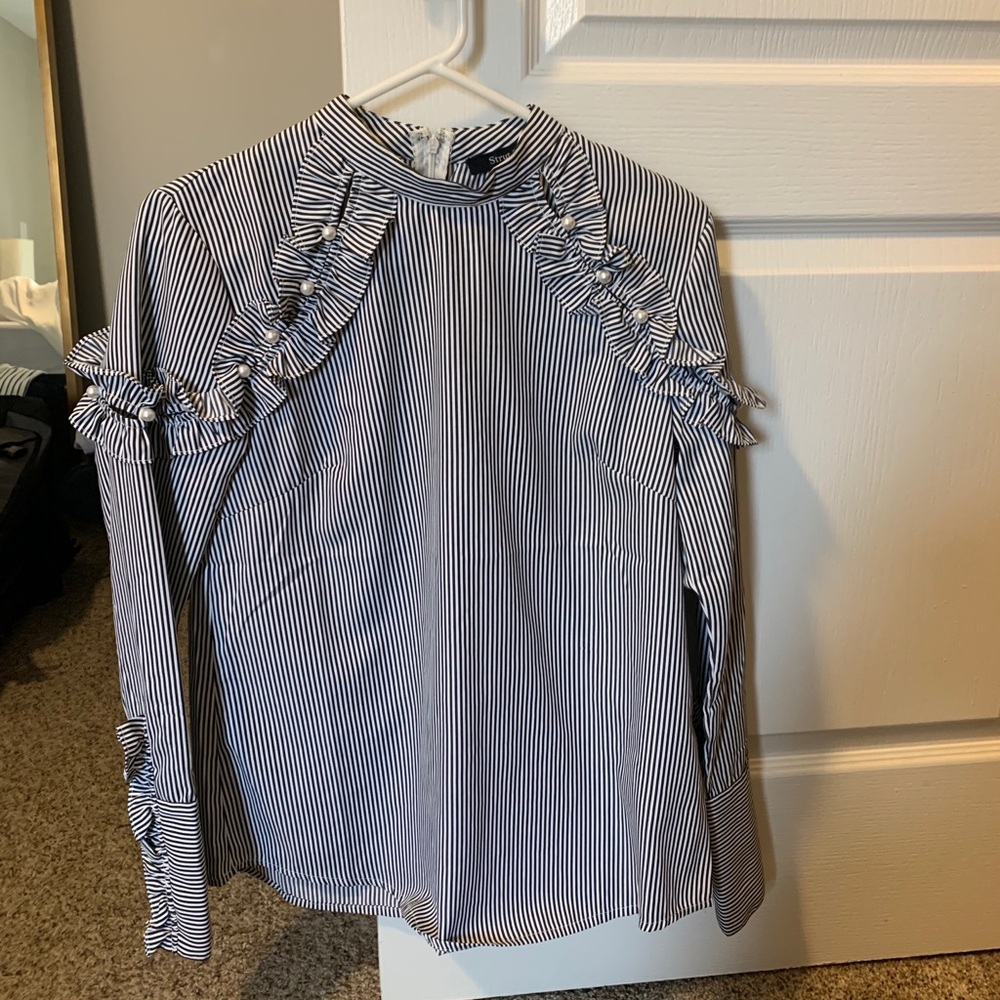 Strut and bolt high neck embellished button up